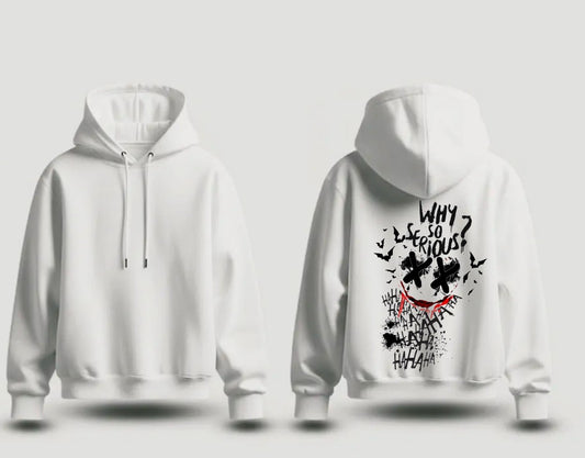 Unisex White Fleece Pullover Hoodie with Joker-Inspired Back Design