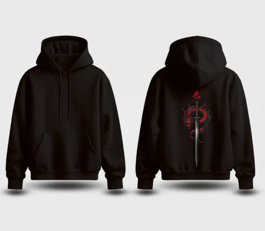 Black Hoodie with Red Dragon and Katana Back Graphic | Mythological Creature Design🐉🗡️