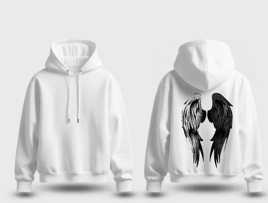 🪽Black and White Split Angel Wings Back Print White Hoodie