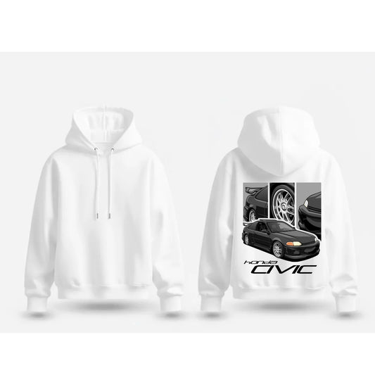 🚘Honda Civic EK Hatchback Detail Graphic White Pullover Hoodie